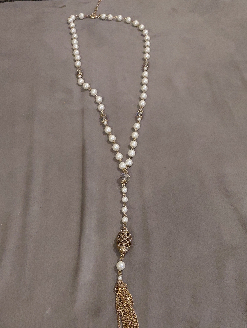 Source Unknown Pearl and Gold Tassel Lariat Necklace